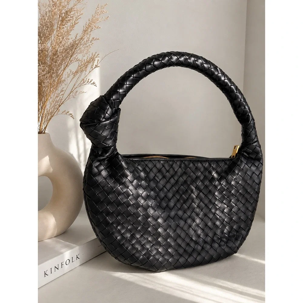 A New Day Woven Knot Handle Handbag Women Small Black Faux Leather Hobo Bag